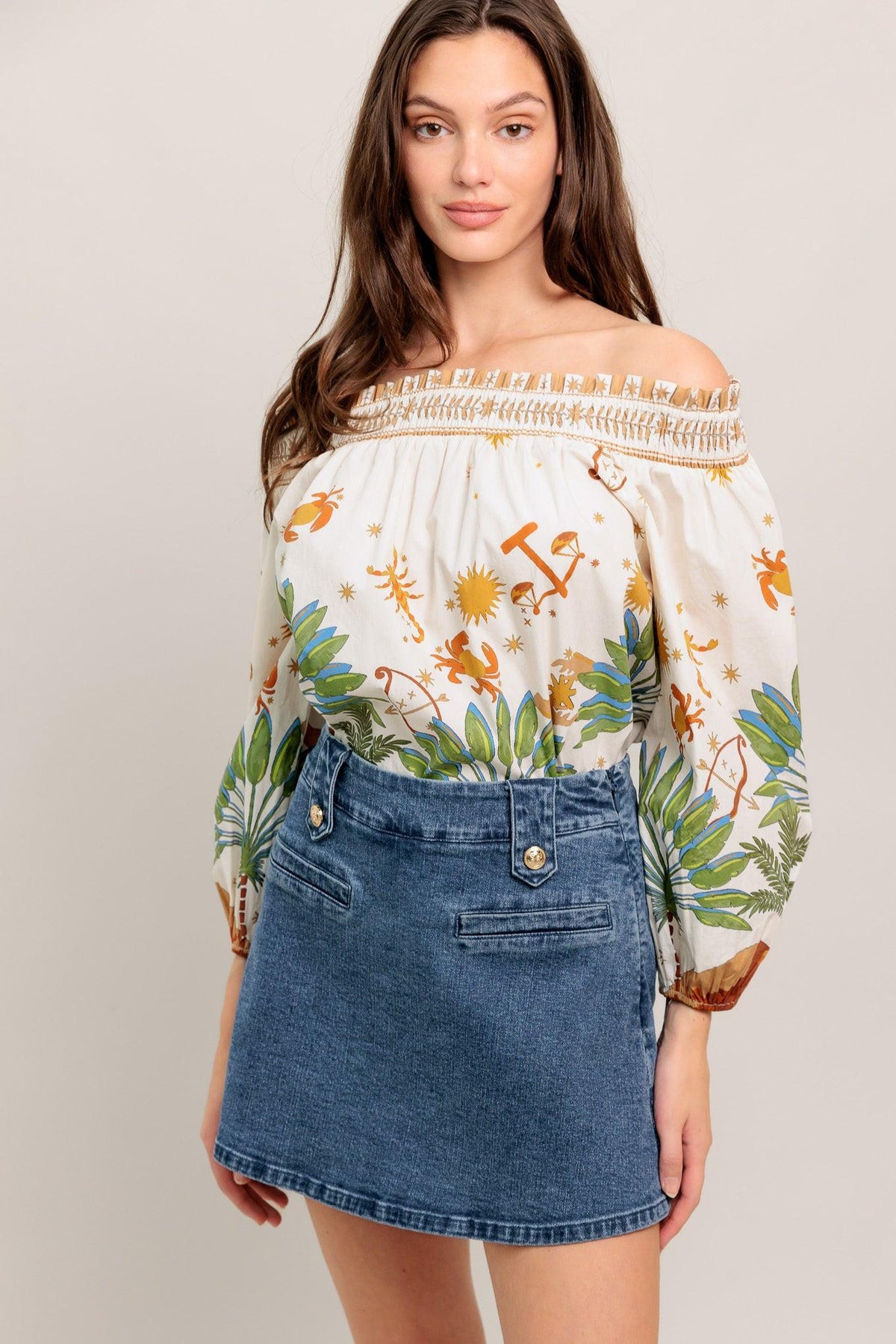 Flying Tomato heart eyes denim skort shorts in medium indigo with front pockets and distressed details.