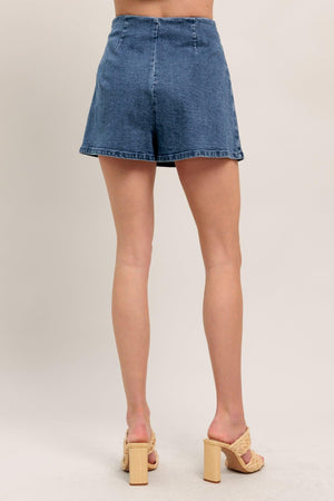 Flying Tomato Heart Eyes denim skort, medium indigo shorts with heart eye graphic, casual and stylish summer wear.