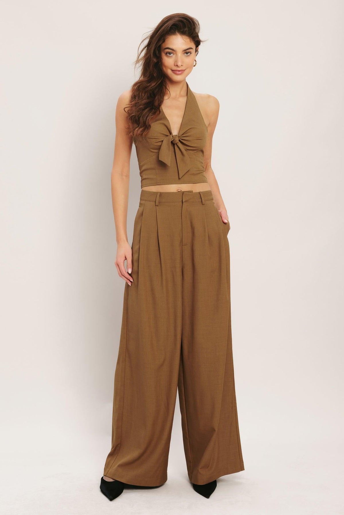 Flying Tomato Umber Flow woven wide-leg pants in brick color, featuring a relaxed fit and textured fabric.
