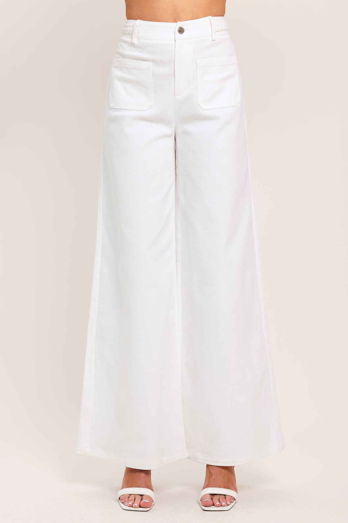 White Ease Woven Wide Pants by Flying Tomato, showing the relaxed fit and lightweight fabric on a model.