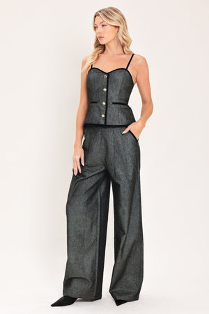 Flying Tomato metallic hourglass woven wide-leg pants in black denim, featuring a stylish relaxed fit and unique textured fabric.