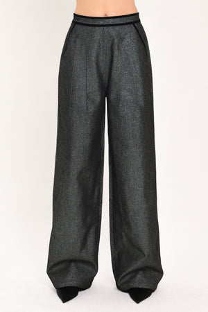 Flying Tomato metallic hourglass woven wide-leg pants in black denim, featuring a stylish relaxed fit and textured fabric.