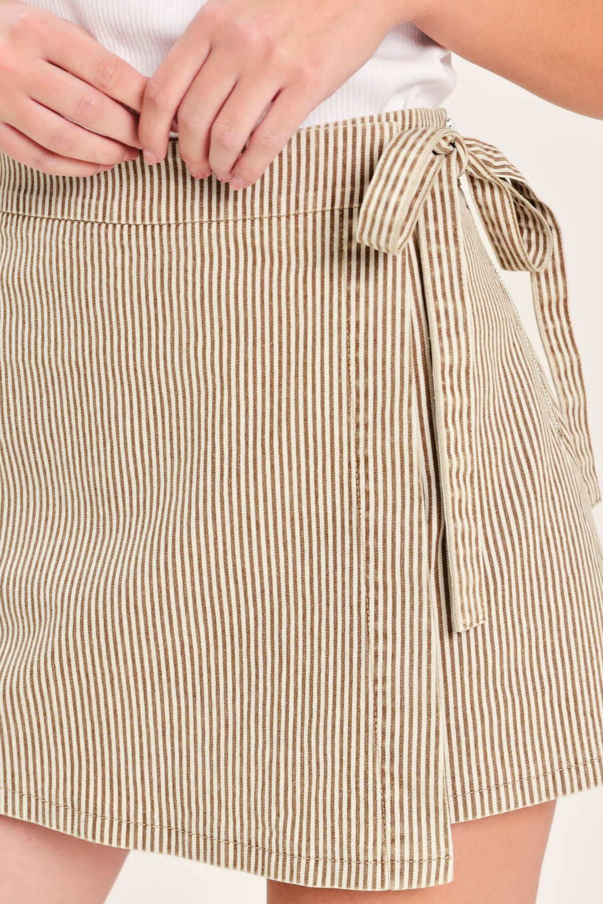 Flying Tomato modern stripe woven skort in brown with a stylish design, featuring a comfortable fit and woven fabric.