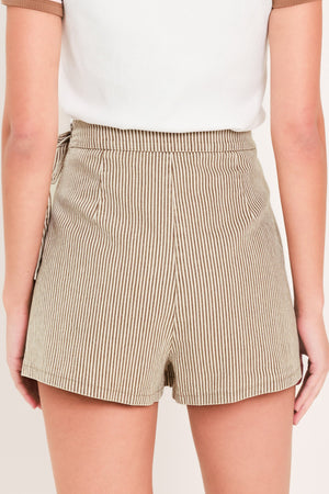 Flying Tomato modern striped woven skort in brown with a stylish design, featuring a comfortable waistband and side pockets.