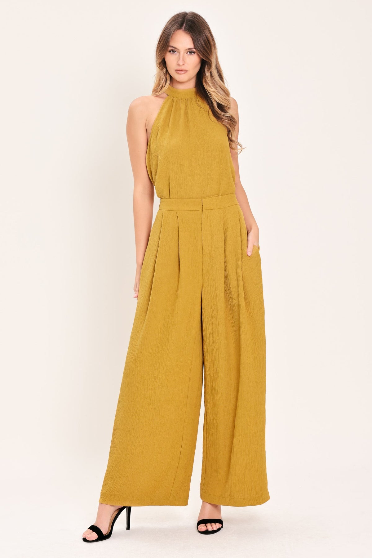 Mustard woven pants by Flying Tomato, Golden State of Mind style, showing relaxed fit and textured fabric.