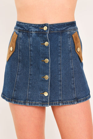 Flying Tomato Western pocket denim skort in medium indigo, featuring front and back pockets and a casual denim design.