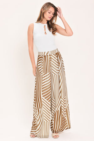 Flying Tomato Latte Ribbon Rhapsody woven wide leg pants in mocha color, with a relaxed fit and wide-leg style.