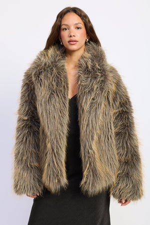 Emory Park Georgia Fur Jacket in khaki beige, stylish outerwear with plush fur material and cozy design.
