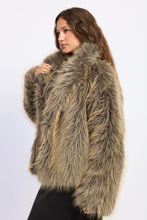 Emory Park Georgia Fur Jacket in khaki beige, stylish outerwear with a plush fur collar and cozy design.