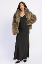 Emory Park Georgia Fur Jacket in khaki beige, cozy outerwear with plush fur collar and stylish design, shown on model.