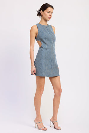 Emory Park Mabel Mini Dress in blue denim, sleeveless design with a fitted silhouette and casual style.