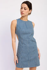 Emory Park Mabel Mini Dress in blue denim, sleeveless design with fitted silhouette, displayed on a hanger.