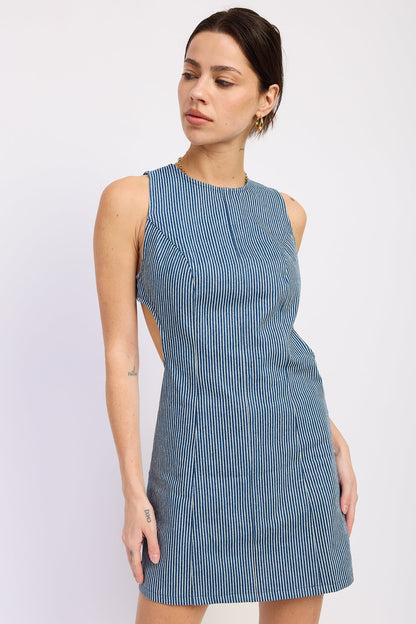 Emory Park Mabel Mini Dress in blue denim, sleeveless design with fitted silhouette, displayed on a hanger.