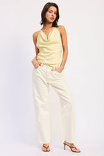 Emory Park Aegir yellow top, casual women’s blouse with short sleeves and round neckline, displayed on a hanger.
