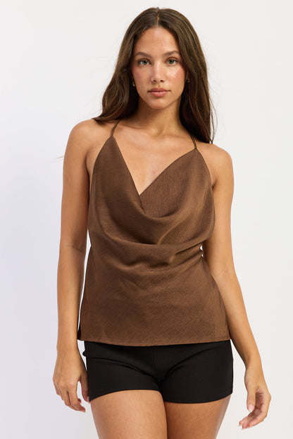 Emory Park Kate top in brown, stylish sleeveless blouse with a relaxed fit, perfect for casual or office wear.