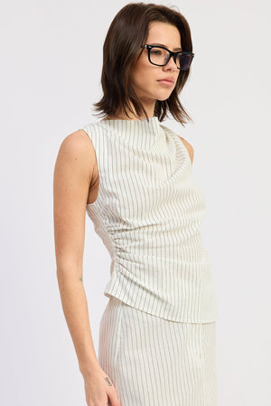 Off-white and black striped Olivia Top by Emory Park, showcasing a stylish sleeveless design and soft fabric.