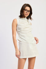 Emory Park Olivia top with off-white and black stripe pattern, casual sleeveless design, lightweight fabric, suitable for everyday wear.