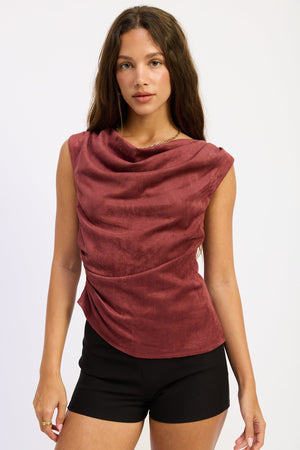 Emory Park Cosima Top in wine color, stylish women's blouse with a fitted design, shown on a hanger.