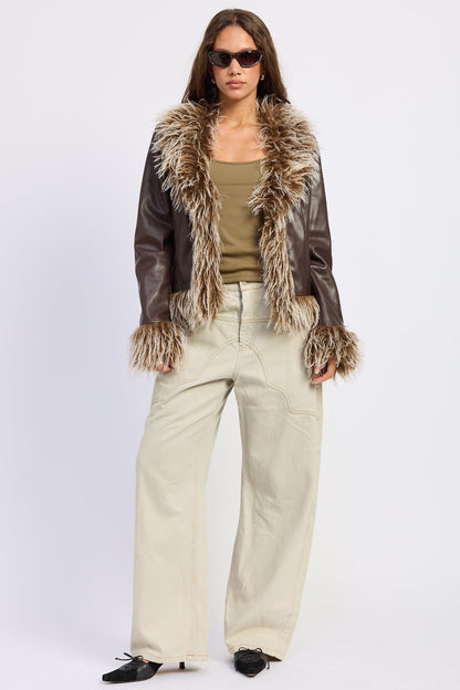 Emory Park Soraya fur jacket in brown, cozy outerwear with plush fur collar and cuffs, stylish winter outerwear for women.