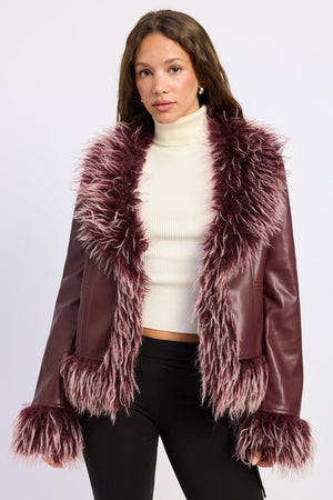 Emory Park Soraya fur jacket in burgundy, stylish outerwear with plush fur collar and cozy design, perfect for cold weather.