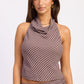 Lavender and brown gingham Aven halter top by Emory Park, shown on a model, featuring a stylish neckline and tied back design.