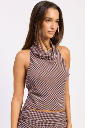 A lavender and brown gingham Aven halter top by Emory Park, featuring a stylish halter neckline and lightweight fabric.