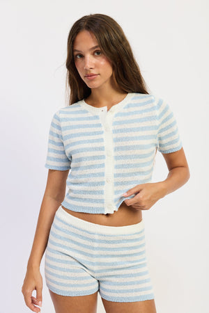 Emory Park Gemma Top in ivory and blue stripe, featuring a stylish sleeveless design with a fitted silhouette.