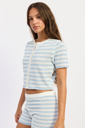 Emory Park Gemma Top in ivory and blue stripe, lightweight sleeveless blouse with V-neck and relaxed fit.