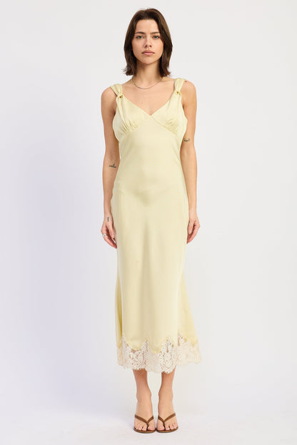 Emery Park buttery yellow midi dress with sleeveless design and fitted waist, displayed on a hanger.