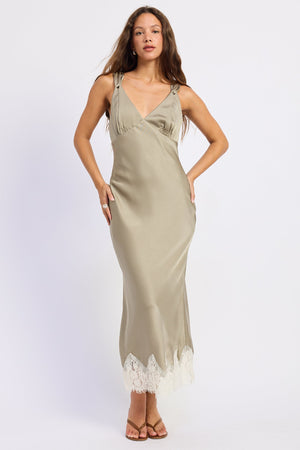 Light olive Emery Midi Dress by Emory Park, featuring a flowy silhouette and elegant design, shown on a model.