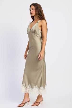 Emery Park midi dress in olive green, lightweight fabric, fitted waist, and mid-length skirt, displayed on a hanger.