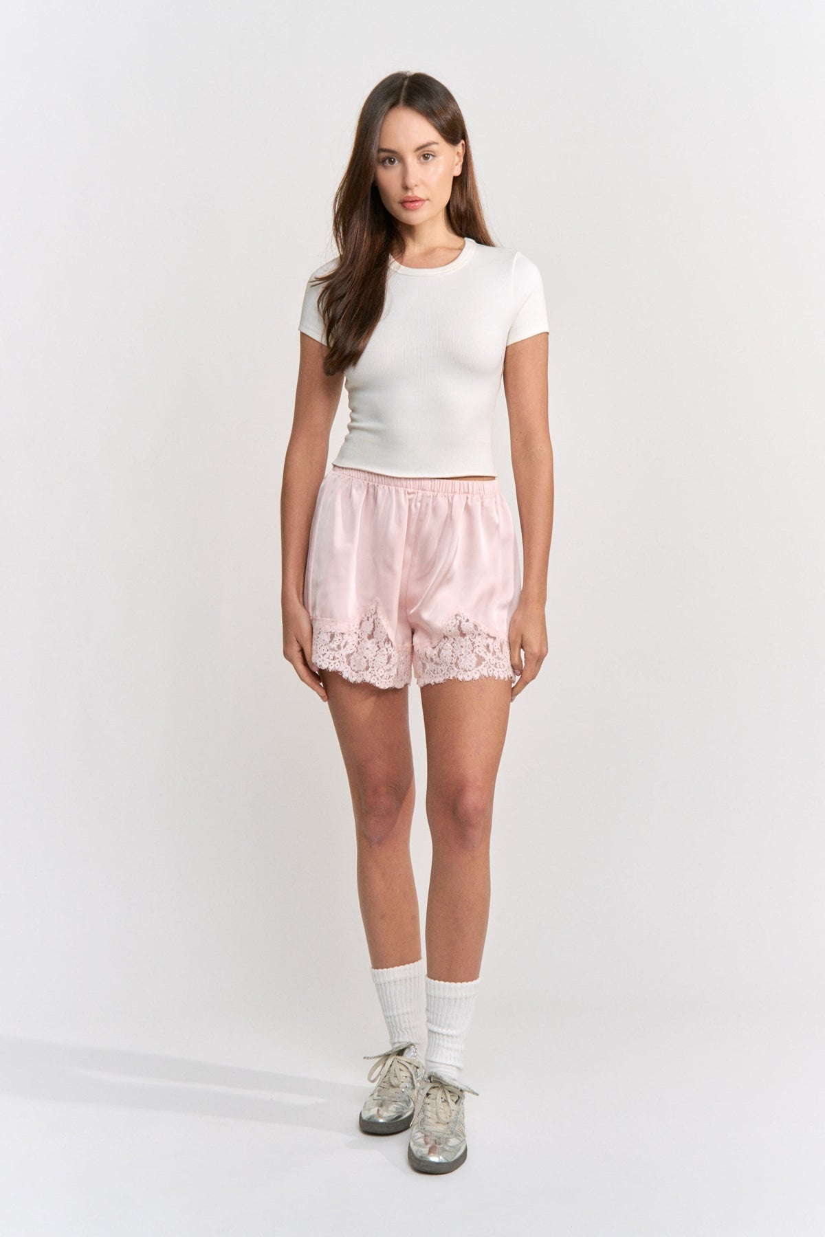 Pink Fern Mini Shorts by Emory Park, showcasing lightweight fabric and stylish design perfect for casual wear.