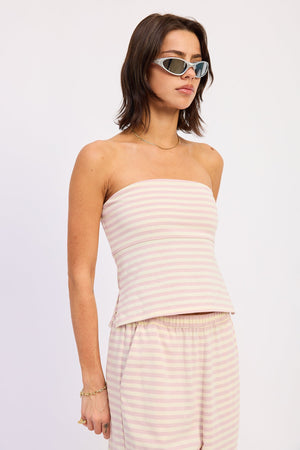 Emory Park Nerina pink ivory stripe tube top shown on a model, sleeveless design with a fitted silhouette.