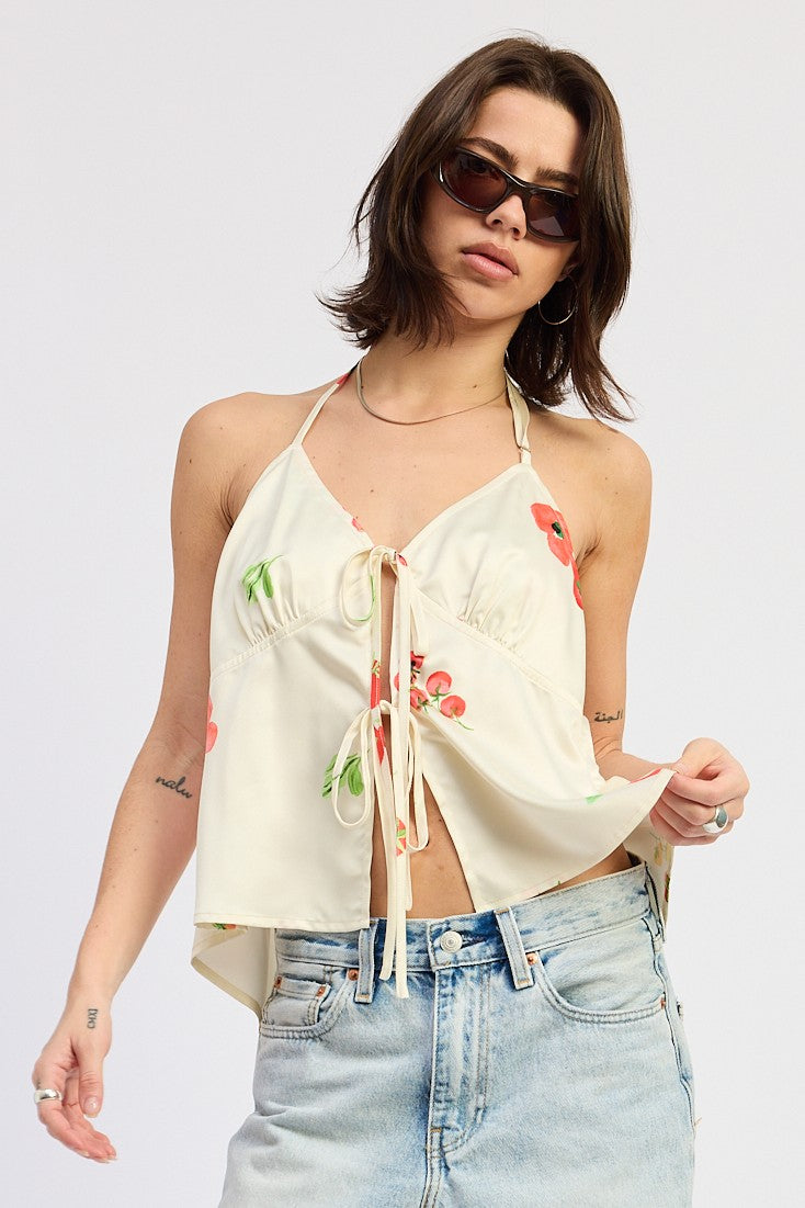 Emory Park Mirella halter top in ivory multi with floral print, sleeveless design, and tie-back style.