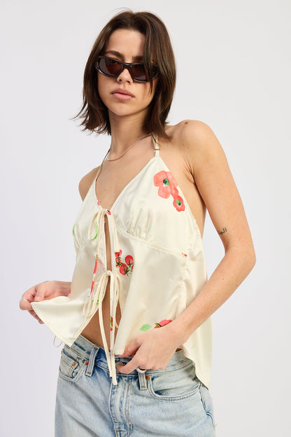 Emory Park Mirella halter top in ivory multi, sleeveless with a stylish halter neckline, displayed on a mannequin.