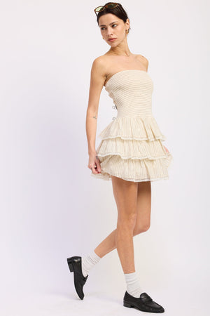 Emory Park Daniela Mini Dress with natural stripe pattern, sleeveless design, and fitted silhouette on a white background.