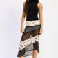 Emory Park Abby Maxi Skirt in black and ivory polka dot fabric, flowing skirt with a comfortable waistband.
