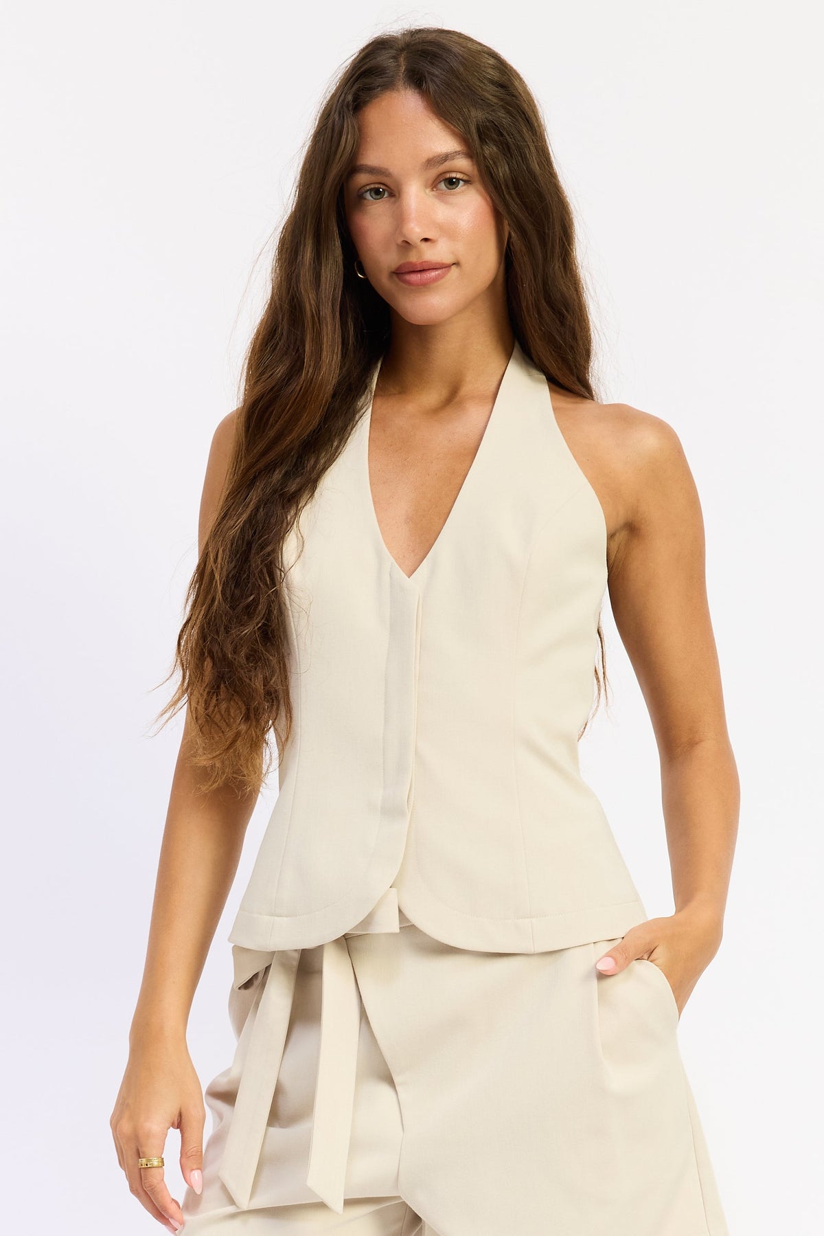 Emory Park Ella halter top in oatmeal color, casual sleeveless design with tie neck, displayed on a neutral background.