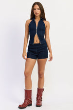 Dark denim Violette vest top by Emory Park, showcasing a sleeveless design and casual fit.