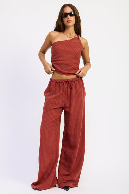Emory Park Keira Top with burgundy and ivory stripe pattern, lightweight fabric, and relaxed fit, perfect for casual wear.