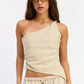 Cream and blue striped Keira Top by Emory Park, featuring a stylish, fitted design with short sleeves and V-neck.