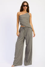 Emory Park Keira top in grey blue stripe, casual women's blouse with soft fabric and relaxed fit, front view.