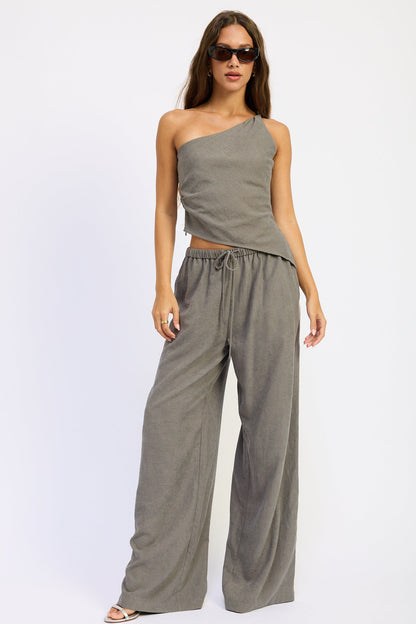 Emory Park Keira top in grey blue stripe, casual women's blouse with soft fabric and relaxed fit, front view.