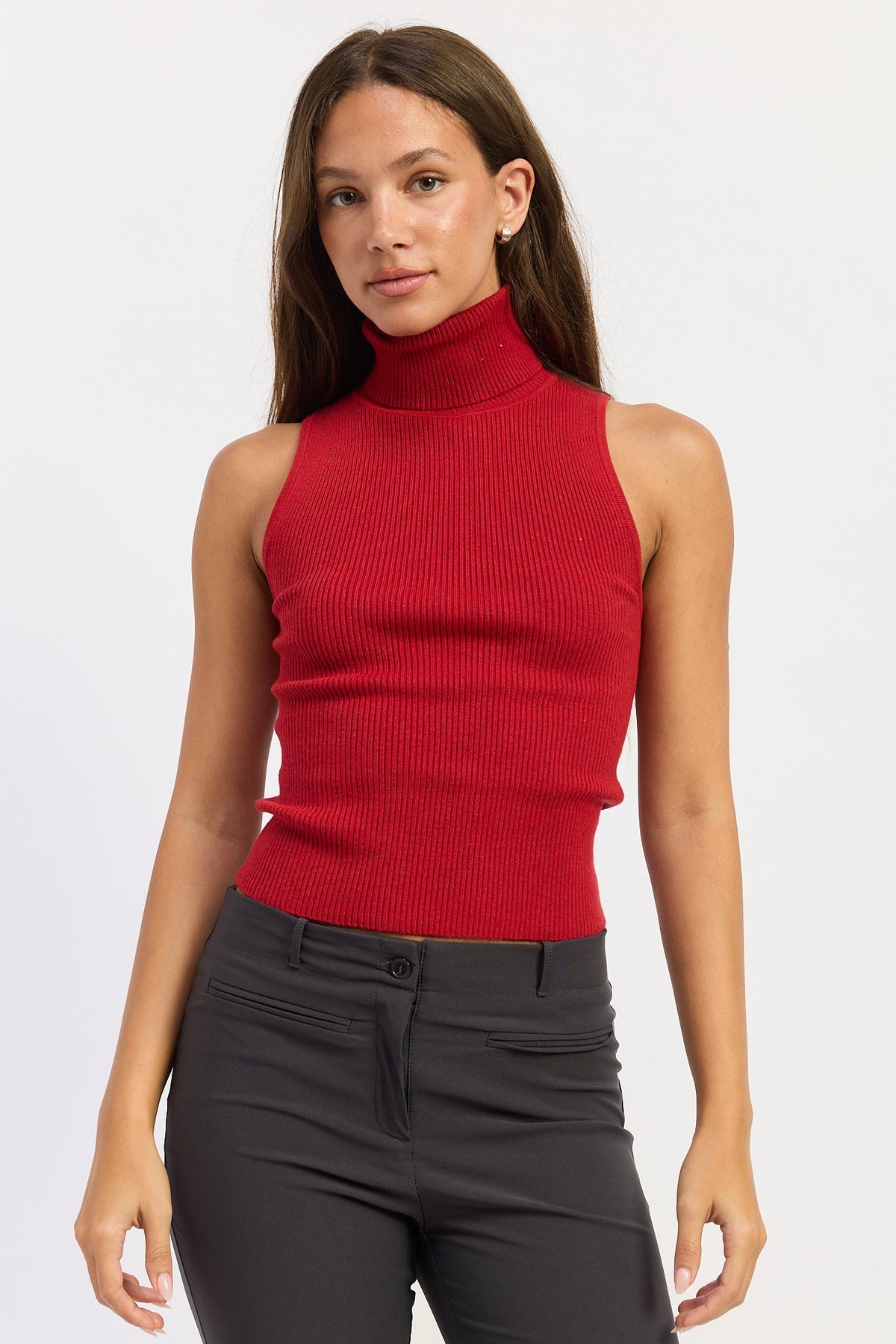 Emory Park Julia Top in deep red, showcasing its fitted design and soft fabric, perfect for casual or dressy outfits.