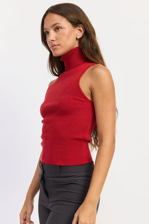 Emory Park Julia Top in deep red, featuring a stylish sleeveless design with a fitted silhouette and round neckline.