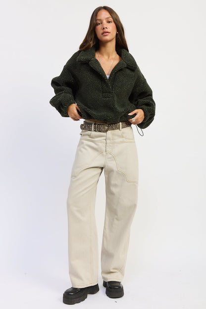 Olive green Emory Park Luella sweater with a cozy knit design, displayed on a neutral background.