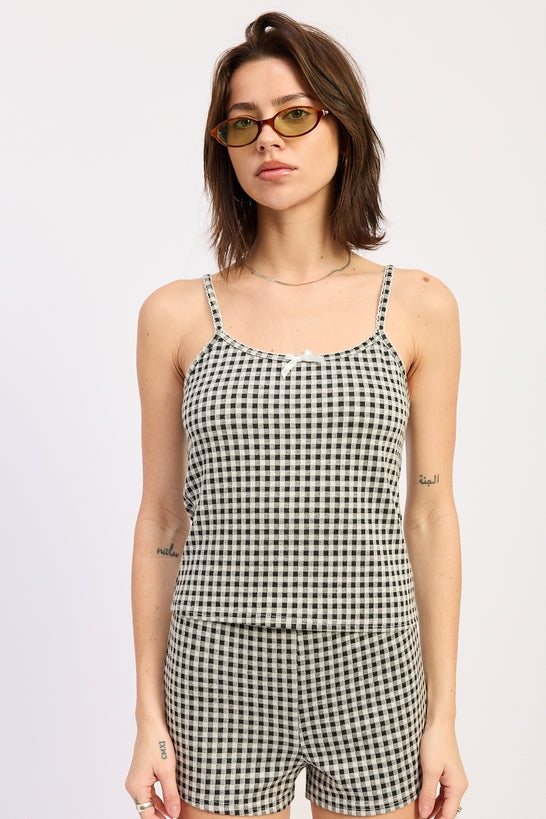 Black gingham Vivia tank top by Emory Park, sleeveless design with a fitted style and classic gingham pattern.