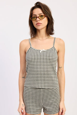 Black gingham Vivia tank top by Emory Park, sleeveless design with a fitted style and classic gingham pattern.
