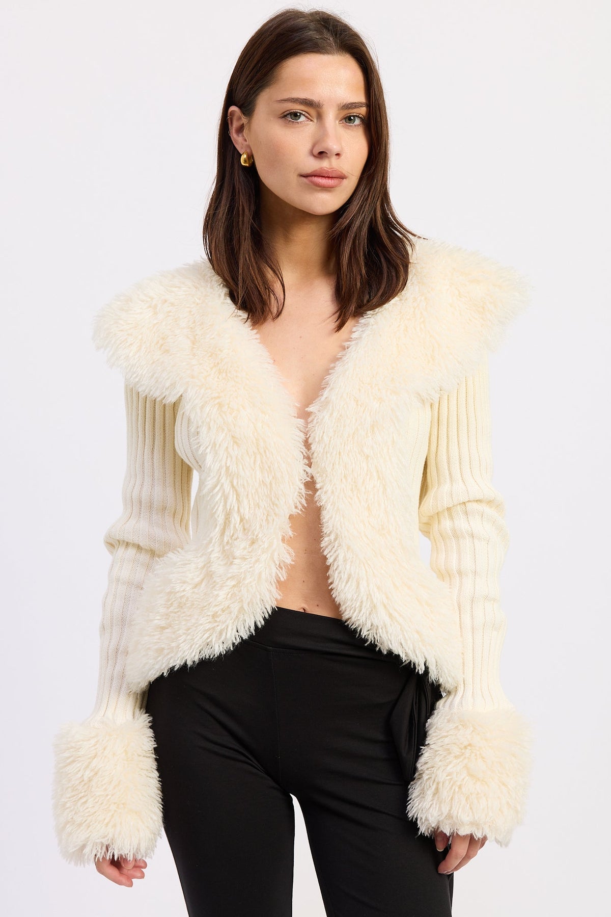 Off-white Emory Park Riva cardigan laid flat showing front, long sleeves, and button closure, soft knit fabric for a cozy look.