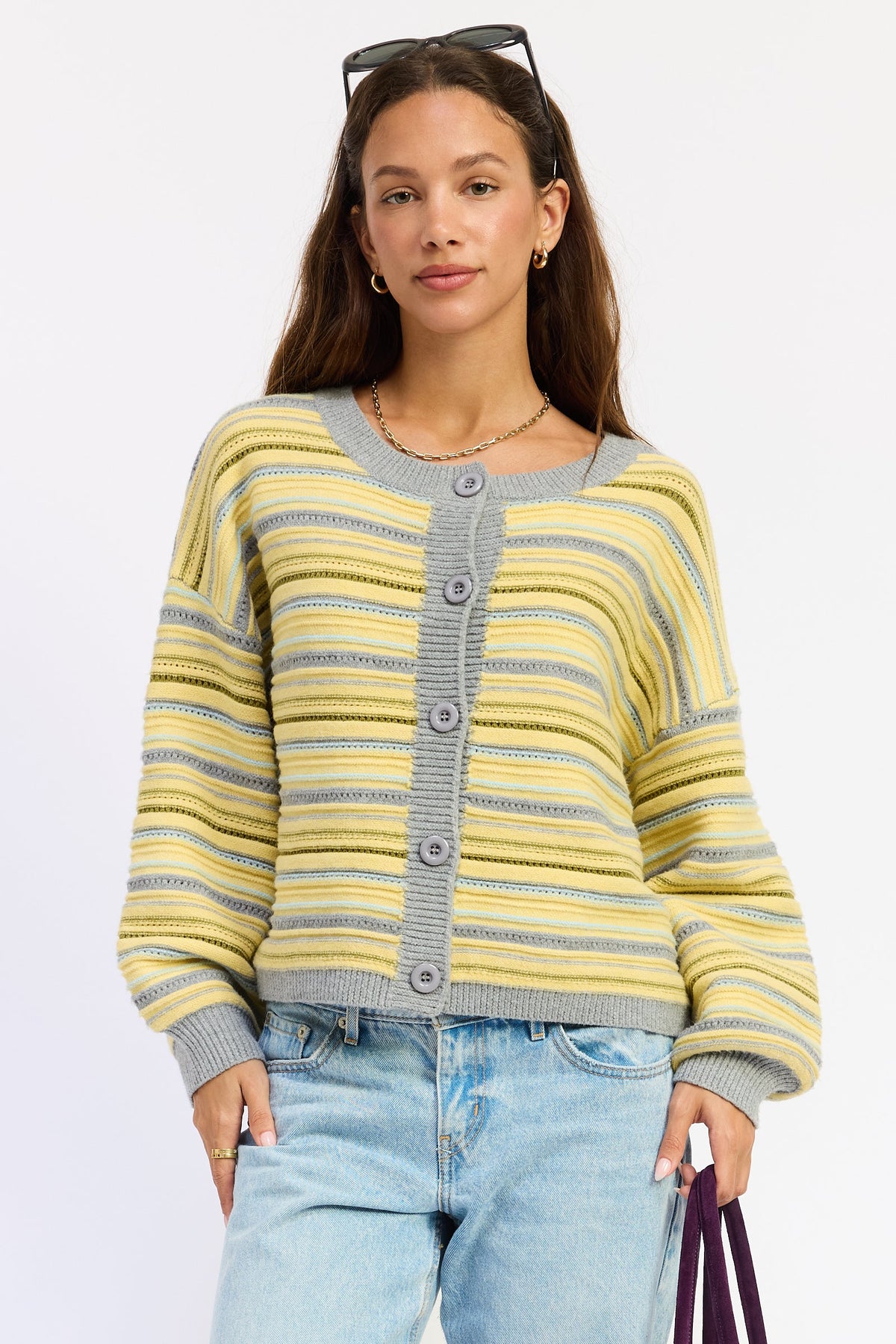 Emory Park Ellie cardigan in lemongrey multicolor, soft knit with button closure, styled on a model.